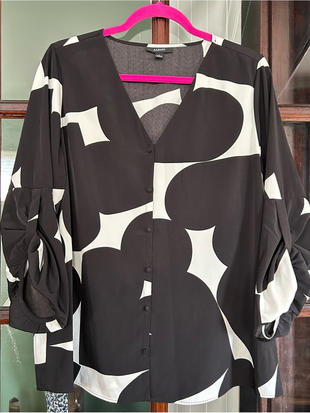 Alfani Black and White Abstract Button-Front Blouse